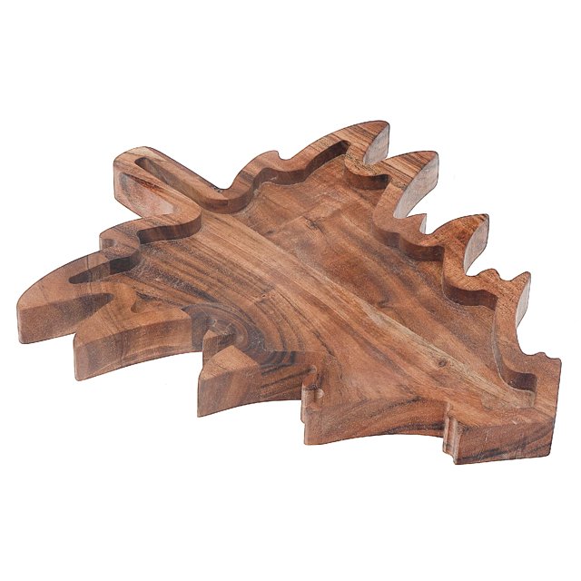 Acacia oiled wooden serving board carved in the shape of a Christmas tree, ideal for festive food presentation.