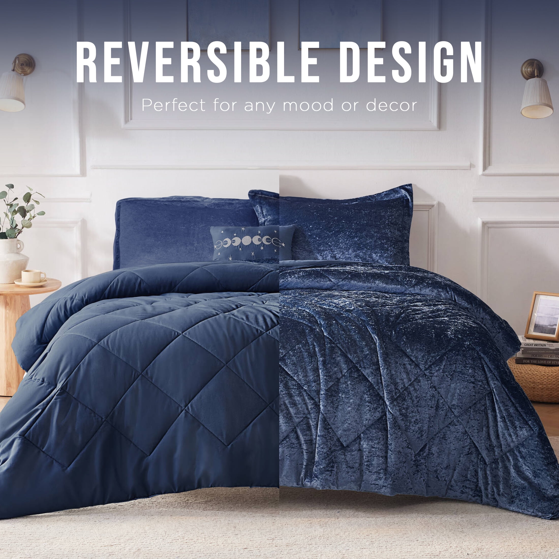 Regency Heights Full/Queen Size Comforter Sets, Velvet Bedding Comforter Set for All Seasons, Navy Bedding Set with Decor Pillow, 4-Piece