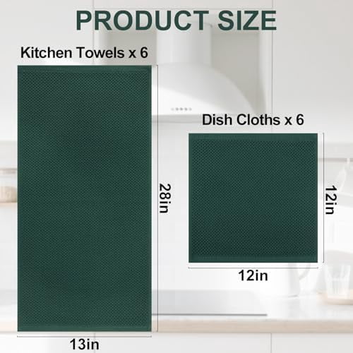 100% Cotton Kitchen Towels and Dishcloths Set, 12 x 12 Inches and 13 x 28 Inches, Set of 12 Bulk Kitchen Towels Set, Ultra Soft Absorbent Dish Cloths for Washing Dishes, Blackish Green