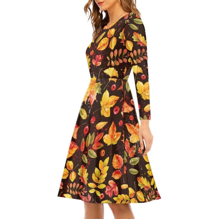 Fkelyi Thanksgiving Women Dresses Knee Length Size M Casual Fall Maple Leaves Swing Twirl Skater Dress Comfy Long Sleeve Dress for Women Formal