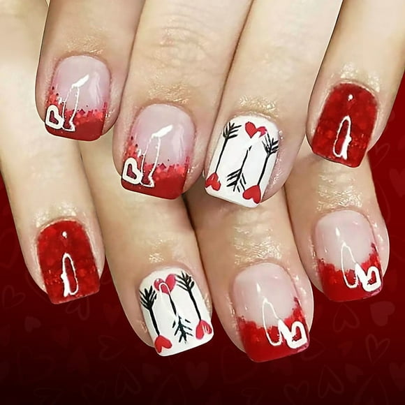 Valentine's Heart Press on Nails Short Square Red Glitter Powder Love Heart Design French Coffin Nails Valentine's Stick on Nails Full Cover Acrylic Nails Glossy Glue on Nails for Women 24Pcs