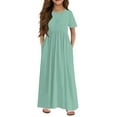 thumbnail image 2 of Girl's Summer Short Sleeve Loose Dress Casual Crewneck Long Maxi Dresses for Kids with Pockets 4-14 Years Light Green 160, 2 of 5