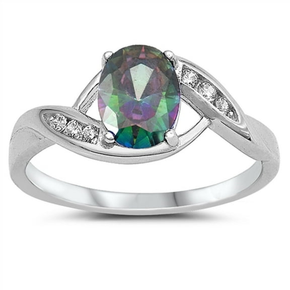 Rainbow Simulated Topaz Clear CZ Oval Twisted Ring Sterling Silver Size 5
