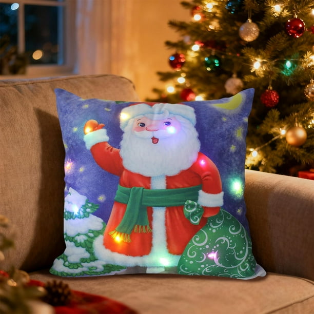 Almohada LED navideña | Modos de luz intermitente y fija | Decoración navideña de Papá Noel y reno | Funda de cojín decorativa para sofá y dormitorio