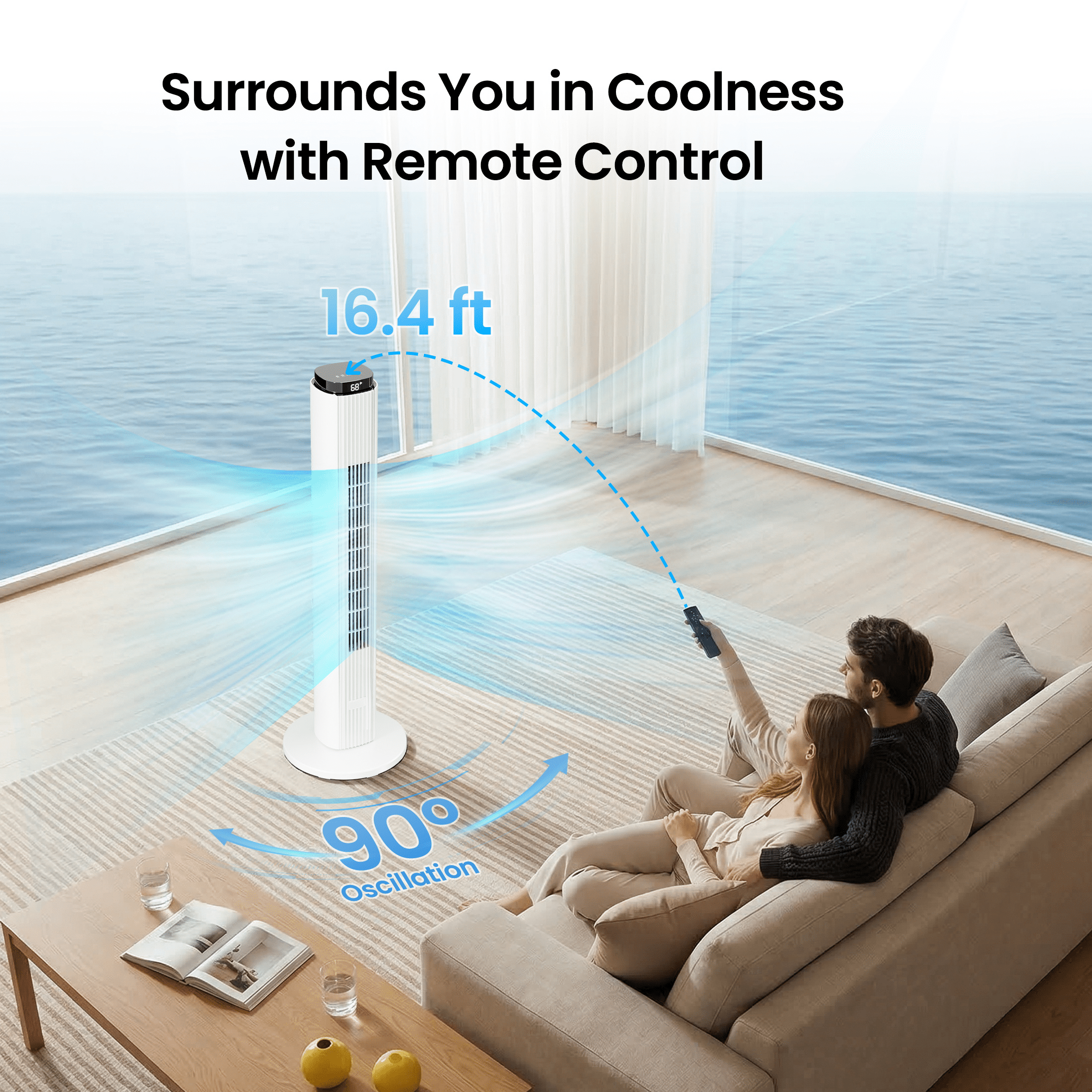KISSAIR 37" Tower Fan with Remote, 6 Speeds, 4 Modes, LED Display, 12H Timer, 90 ° Oscillating, Bladeless Quiet Fan for Bedroom, Home & Office, White