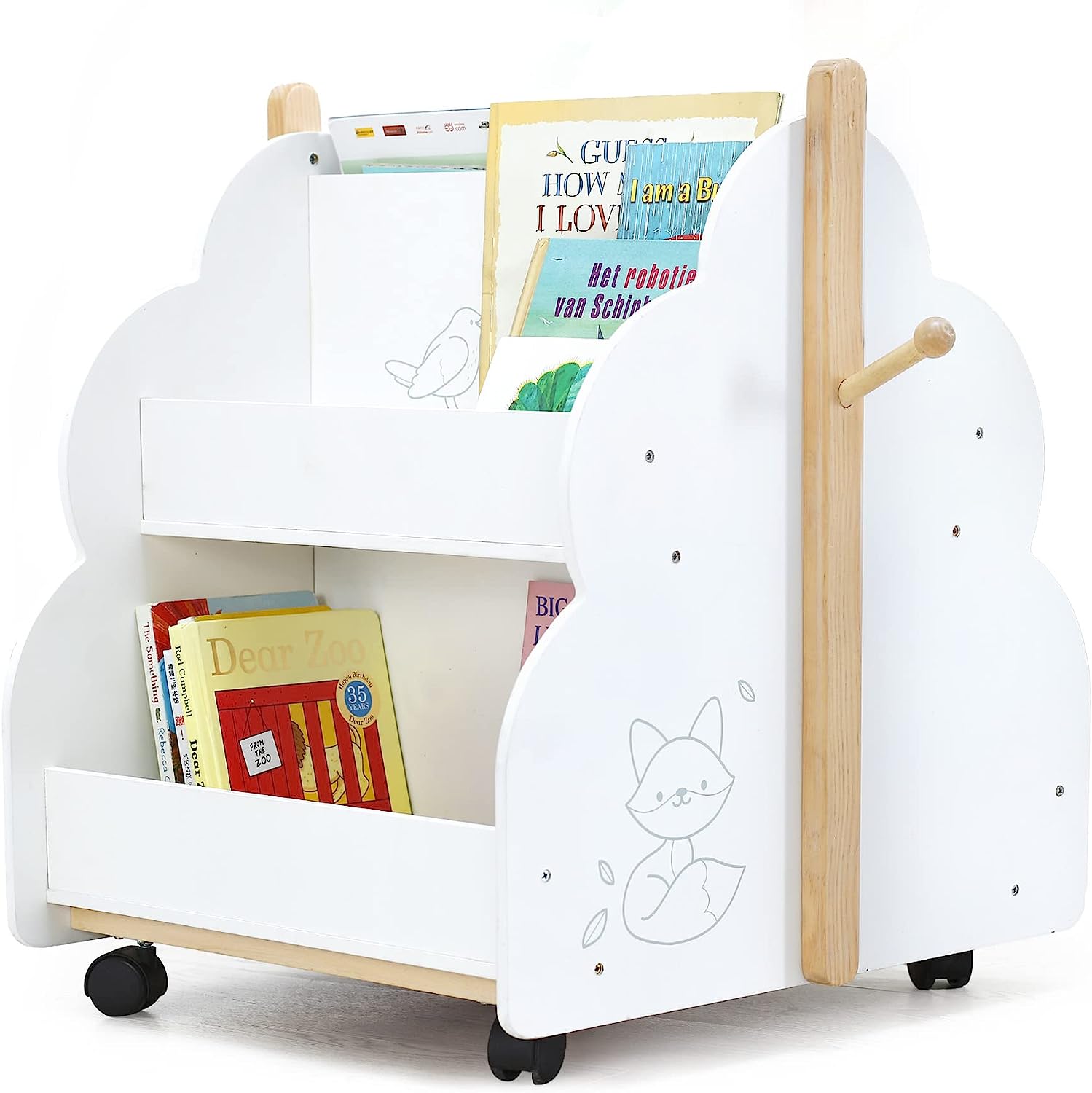 YOUTENG Baby Wooden Bookshelf, Kids Bookshelf with Wheels for 36M+, Book Rack Wood/Kid Bookcase