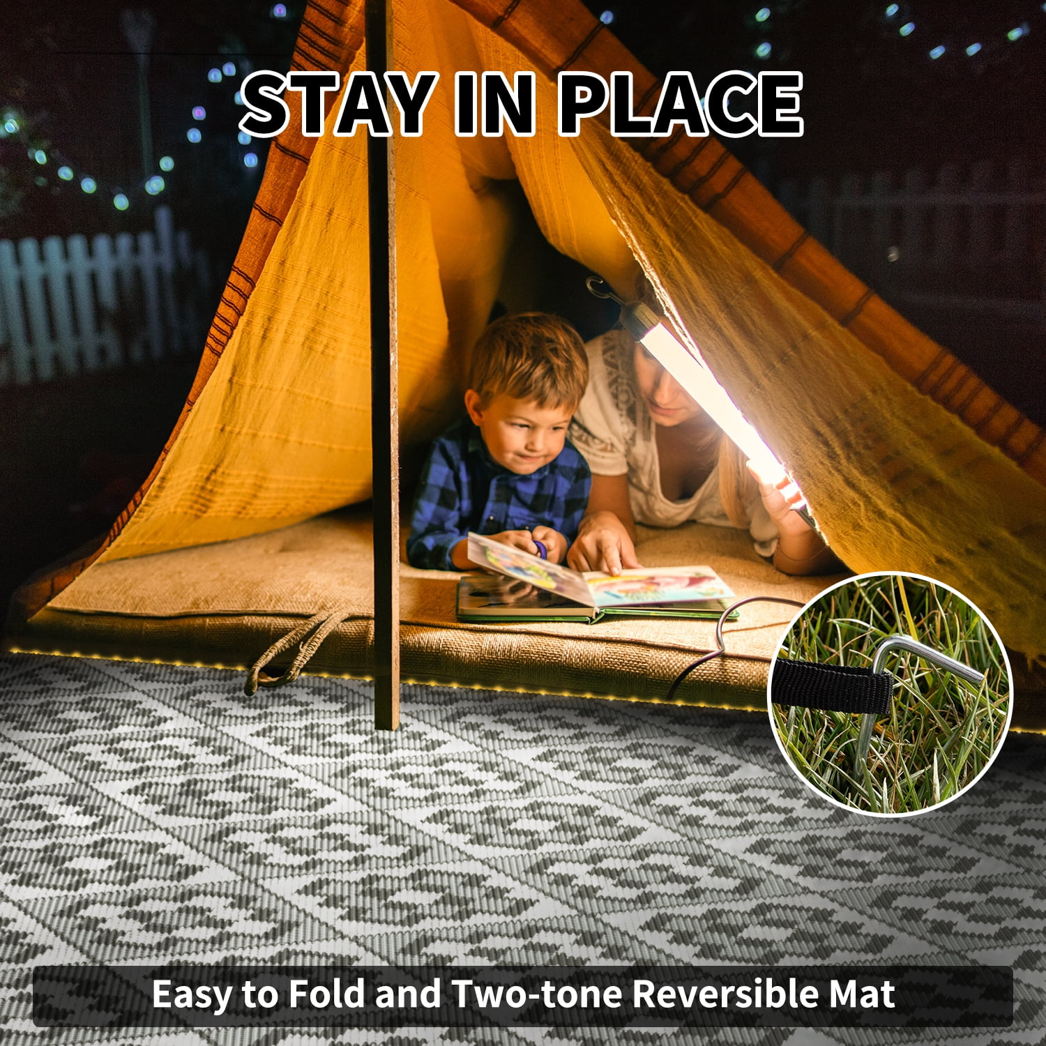 SIXHOME Outdoor Rug with LED Strip Light 9'x12' Waterproof Reversible Patio Rug Modern Lightweight Plastic Straw Indoor Outdoor Rug for RV Camping Deck Balcony Porch Boho Patio Decor Light Gray