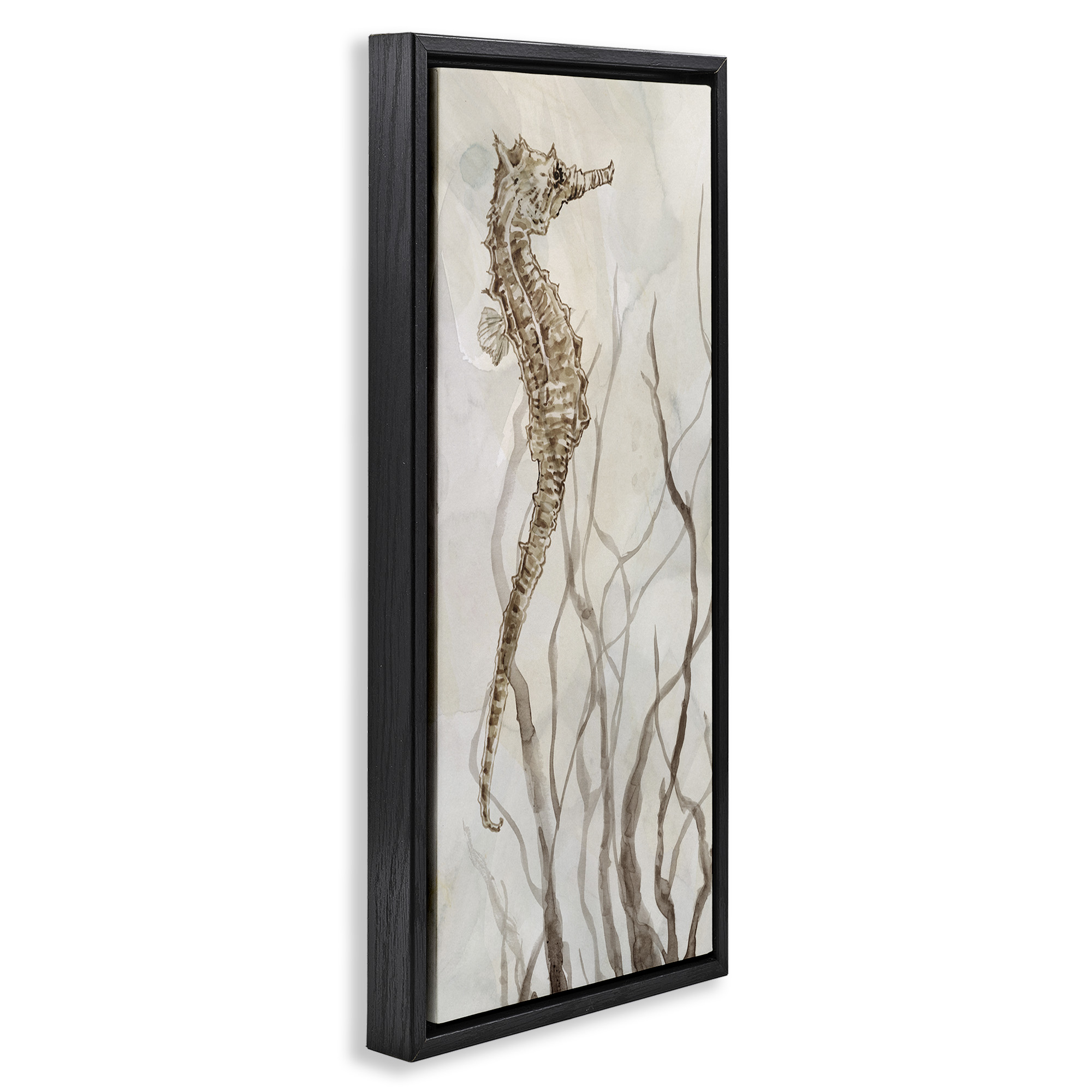 Stupell Industries Vigilant Seahorse Ocean Wildlife Animals & Insects Painting Black Floater Framed Canvas Art Print Wall Art, 11 x 25