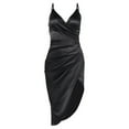 thumbnail image 1 of Robe Midi de Soirée Boîte de Nuit à Bretelles Spaghetti Froncée en Satin pour Femmes, Noir, G, 1 of 5