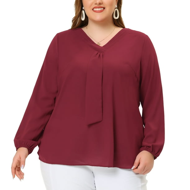 Women's Plus Size Blouses Casual Long Sleeves Ribbon Front Chiffon Blouse Tops Burgundy 3X