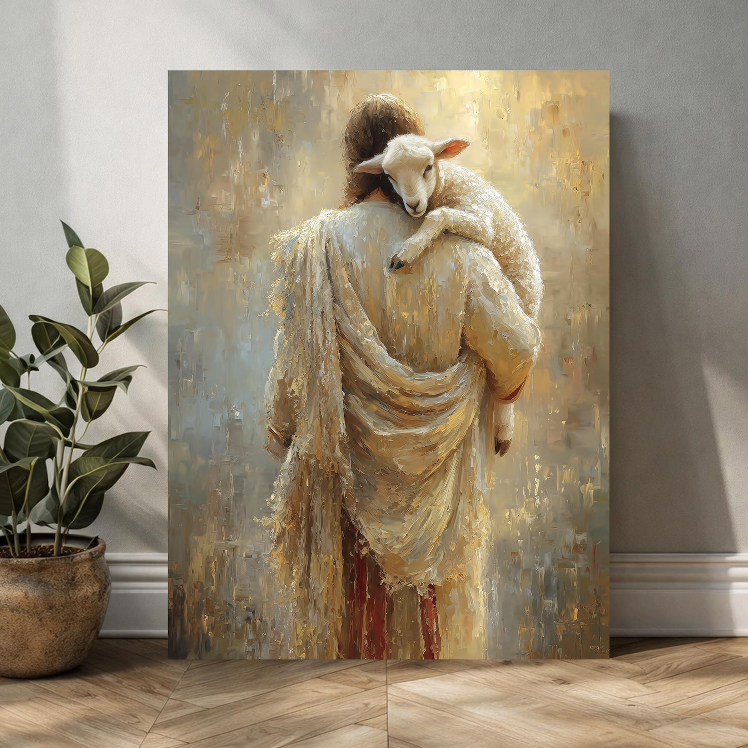 Jesus Carrying Lamb Christian Framed Canvas Wall Art Décor Bible Verse Scripture Print Inspirational Religious Wall Decor Gift
