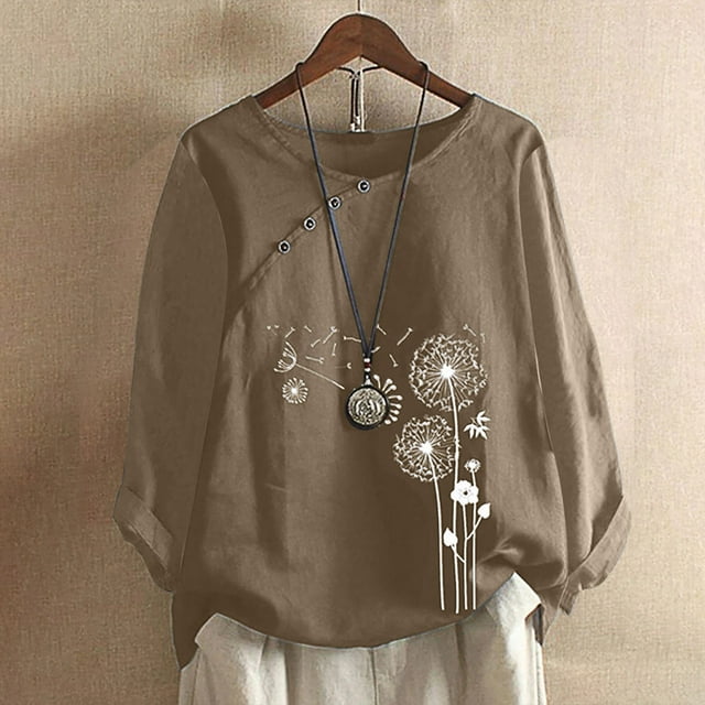 Jsaierl Chemises en Lin pour Femmes Hauts en Coton et Lin à Col Rond Blouses Tendance à Boutons Graphiques Grande Taille Chandail à Manches Longues d'Automne Décontracté Confortable