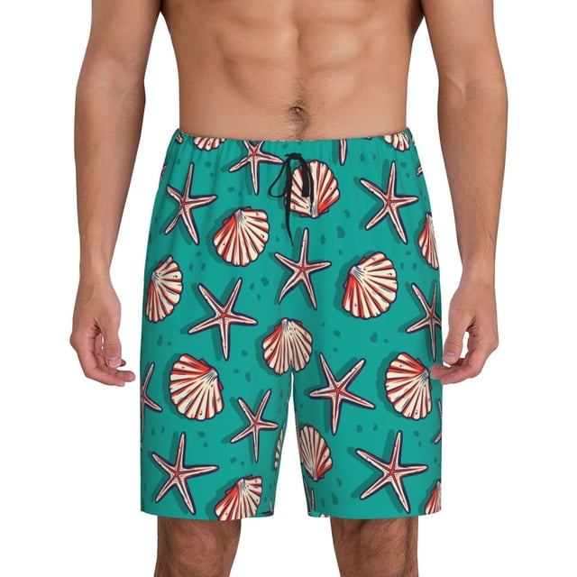 Balery Starfish and Shell Pantalones cortos de pijama de punto de algodón para hombre con cinturilla y bolsillos-Small