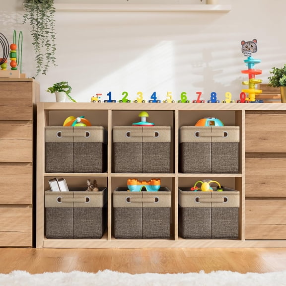 Brown Fabric Storage Cubes 15 Inch 3 Pack Foldable Collapsible Storage Bins with Dual Handles Space-Saving Organizer for Shelves and Home Use
