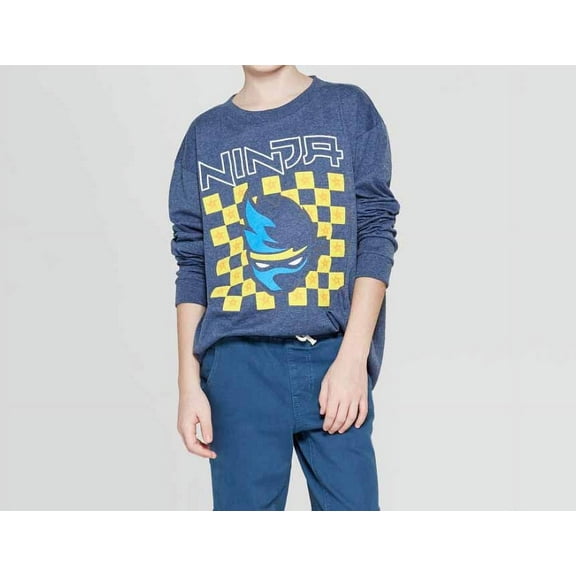 Boys' Ninja Gamer Long Sleeve Graphic T-Shirt - (Heather Navy Blue, Medium)