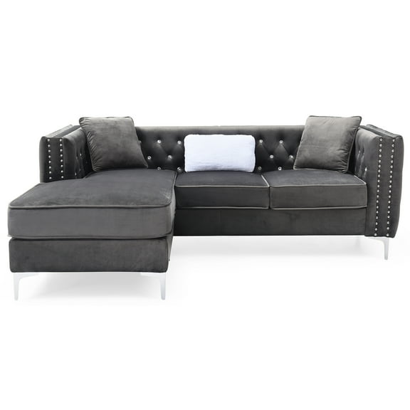 Passion Furniture PF-G822B-SC 87 in. Paige Velvet L-Shape 3-Seater Sofa with 2-Throw Pillow, Gray