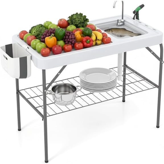 QinaQin Folding Fish Cleaning Table with Sink,Camping Table & Fish Cleaning Station with Grid Rack,Camping Sink with Faucet Drainage Hose & Sprayer for Outdoor,White