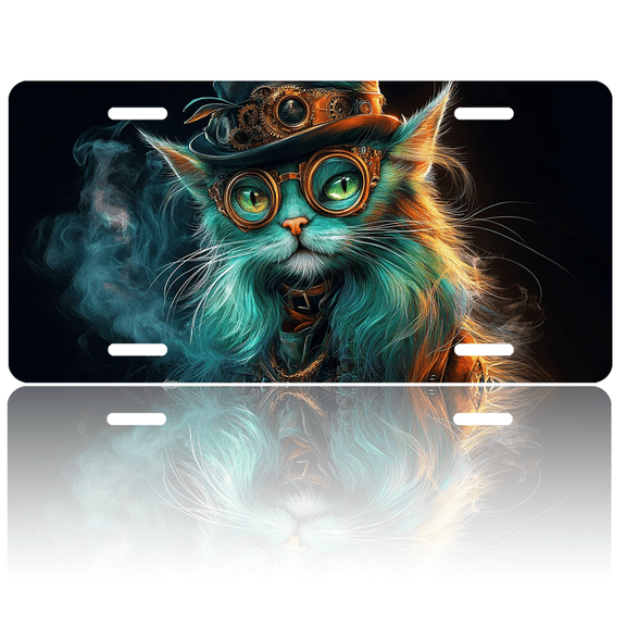 1 Pcs License Plate Covers & Frames, Steampunk - inspired Cat For Decorative Front, Aluminum License Plate Covers & Frames Cover For Men Women, 12" X 6"