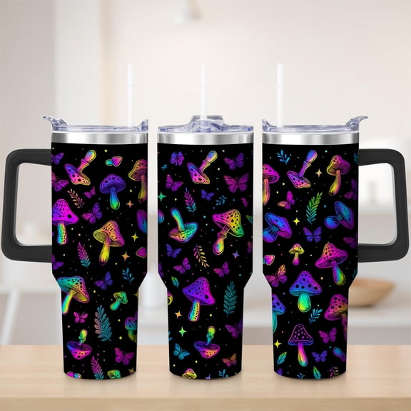 Neon Mushroom Fantasy Stainless Steel Insulated Mug with Lid and Handle, 30oz