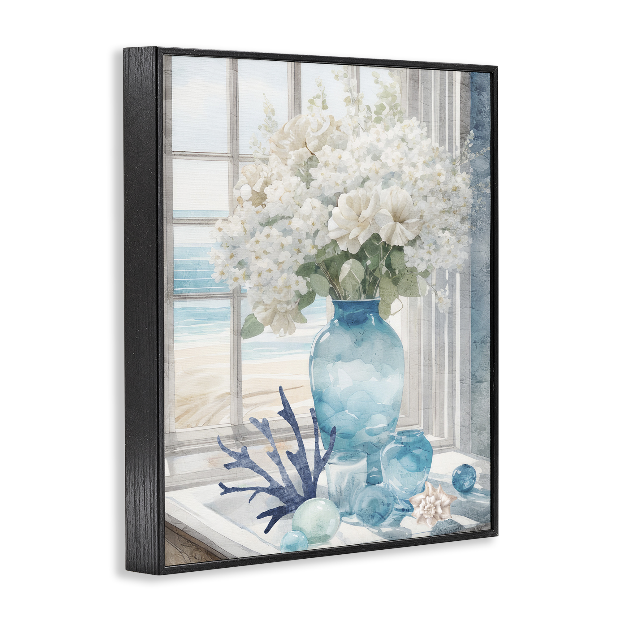 Stupell Industries Coastal Flower Vase Botanical & Floral Painting Black Framed Art Print Wall Art, 24 x 30