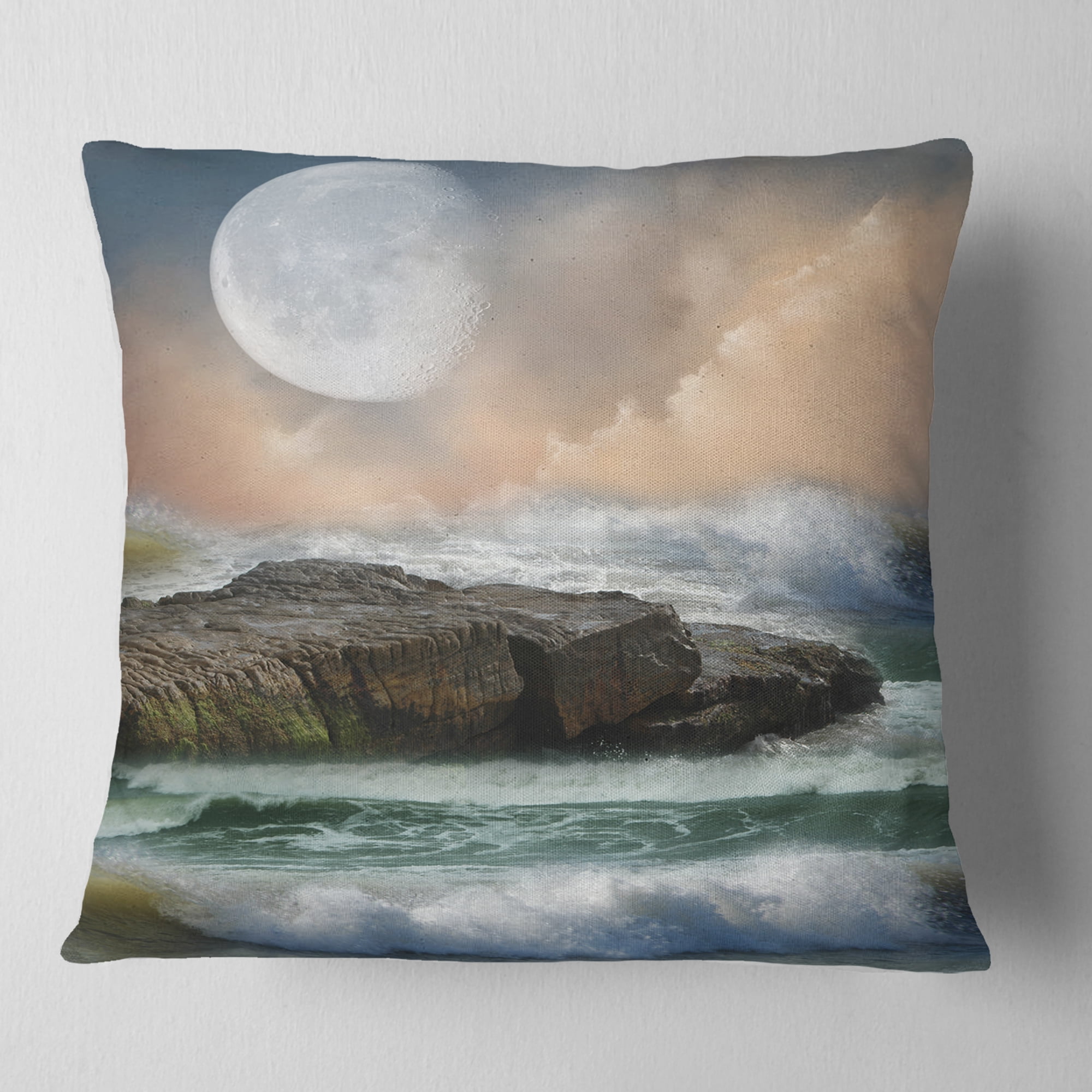 Designart Roaring Ocean Under Large Moon - Seascape Photography Throw Pillow - 16x16