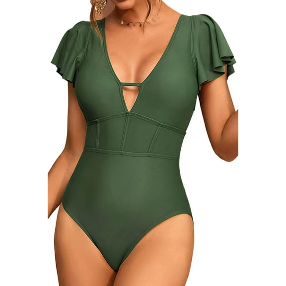 Alove Deep V Neck Bath Suit Monkini Solid Color Flounce Backless Short Sleeve One Piece Swimwear for Women