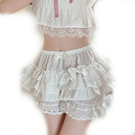Black and White Ruffle Panties Women s Kawaii Pumpkin Panties Cute Lace Bow Lolita Safety Shorts Trousers Retro Bloomers-White-S (40kg-50kg)