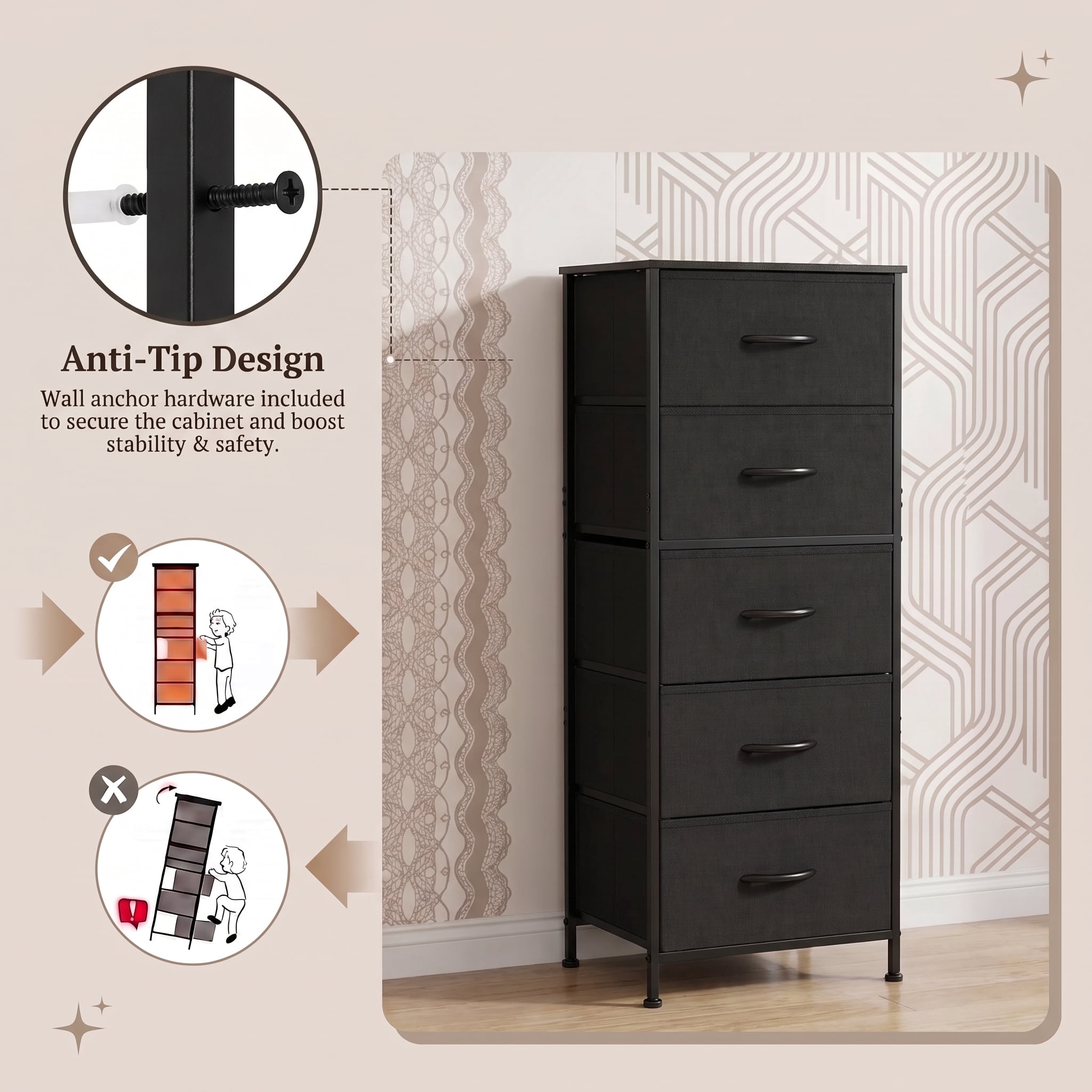 TrumanPick Fabric Storage Drawer Bedroom Dresser, Tall Dresser for Closet, 5 Fabric Dresser with 5 Storage Drawers for Clothes, Living Room, Hallway, Entryway, Black