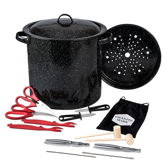 Granite Ware 15-Piece Seafood Set with 15.5 Qt Stock Pot, Lid & Steamer Insert and Seafood Tool Kit for Crab, Lobster, Shrimp Boiling
