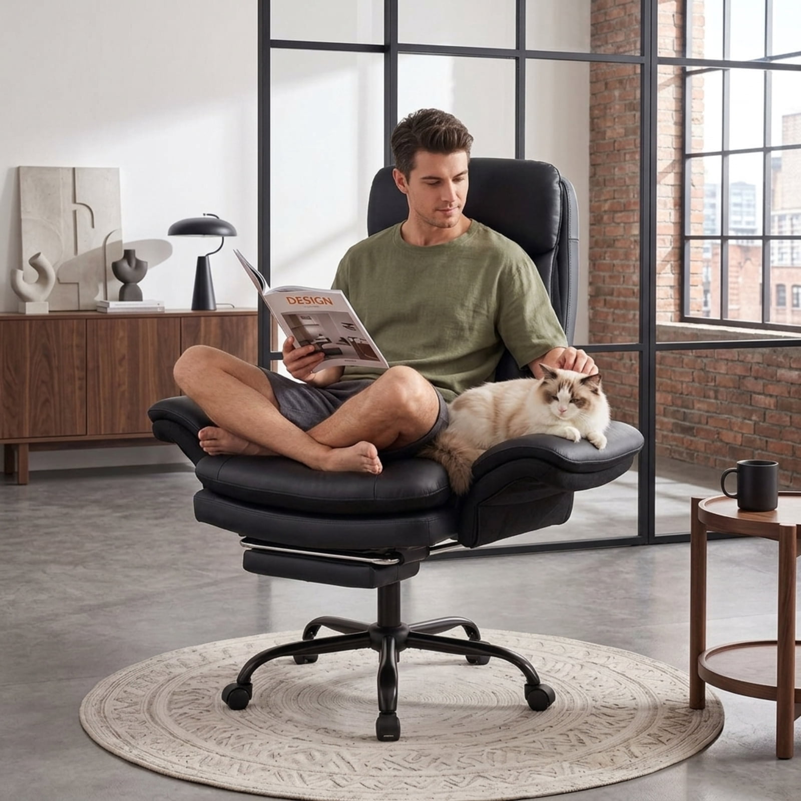 Furnibear Big and Tall Ergonomic Office Chair 400 lbs High Back Wide Faux Leather Computer Chair with Retractable Footrest, Black