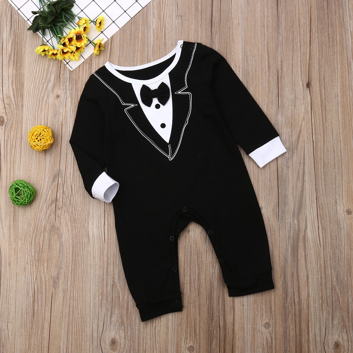 Baby Boy Gentleman Onesie - White Tuxedo Romper With Bowtie For 0-18 Months