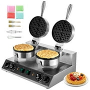 KFFKFF Double Head Commercial Waffle Maker, Round Belgian Waffle Cooking Device, 2460W, Non-Stick, with Temperature and Timer Settings, Ideal for Cafes, Bakeries, Snack Shops, and Home Use
