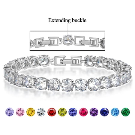 18K White Gold Plated Tennis Bracelet with CZ Bracelets with Extending Buckle for Women - Birthstone Bracelet with Crystal,Dainty Birthday Jewelry Gifts for Her