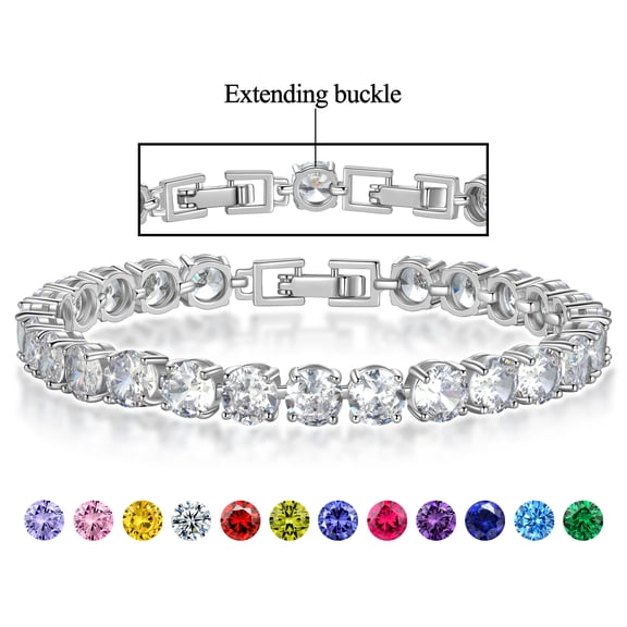18K White Gold Plated Tennis Bracelet with CZ Bracelets with Extending Buckle for Women - Birthstone Bracelet with Crystal,Dainty Birthday Jewelry Gifts for Her