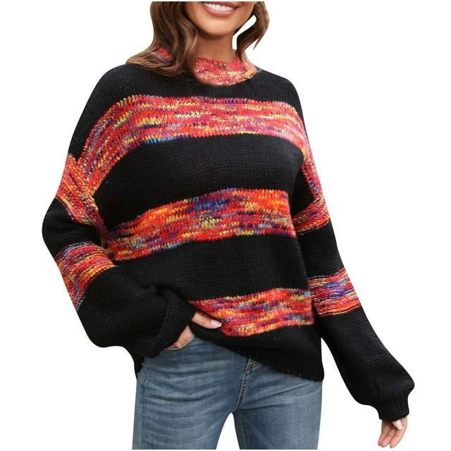 LOVZFMLL Women's Sweaters, Acrylic Crew Neck Ribbed Pullover Striped Color Block Fashion Casual Loose Tops Warm Fall Winter Clothes