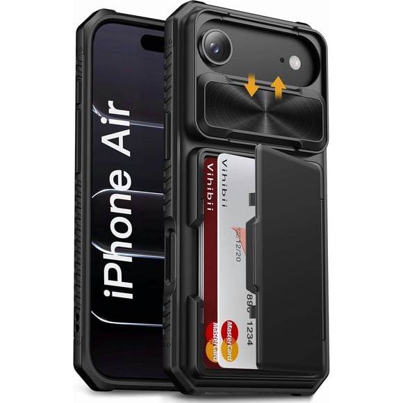 ABDFHE-for iPhone Air Case Wallet with Card Holder (4 Cards) [RFID Blocking] & Slide Camera Cover, Military Grade Drop Protection, Rugged Hard Back & Silicone Edge Phone Case, 6.5" 2025, Black