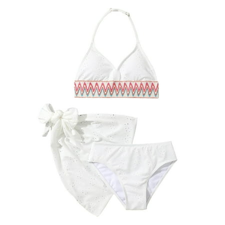 Girls 3 Pieces Beach Bikini Bathing Suit With Pants Summer Casual Holiday Swimwear Cover Up Sets White 8-9 Years