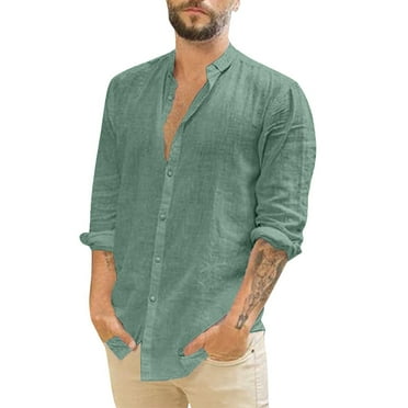 Mens V Neck Cotton Linen Henley Shirts Long Sleeve Banded Collar T ...