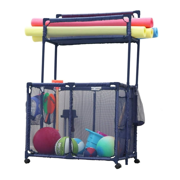 Essentially Yours Pool Noodles Holder, Toys, Floats, Balls and Floats Equipment Mesh Rolling Double Decker Multi Use Storage Organizer Bin, Large with Noodle Rack (23" L x 35.3" W x 59.4" H), Blue