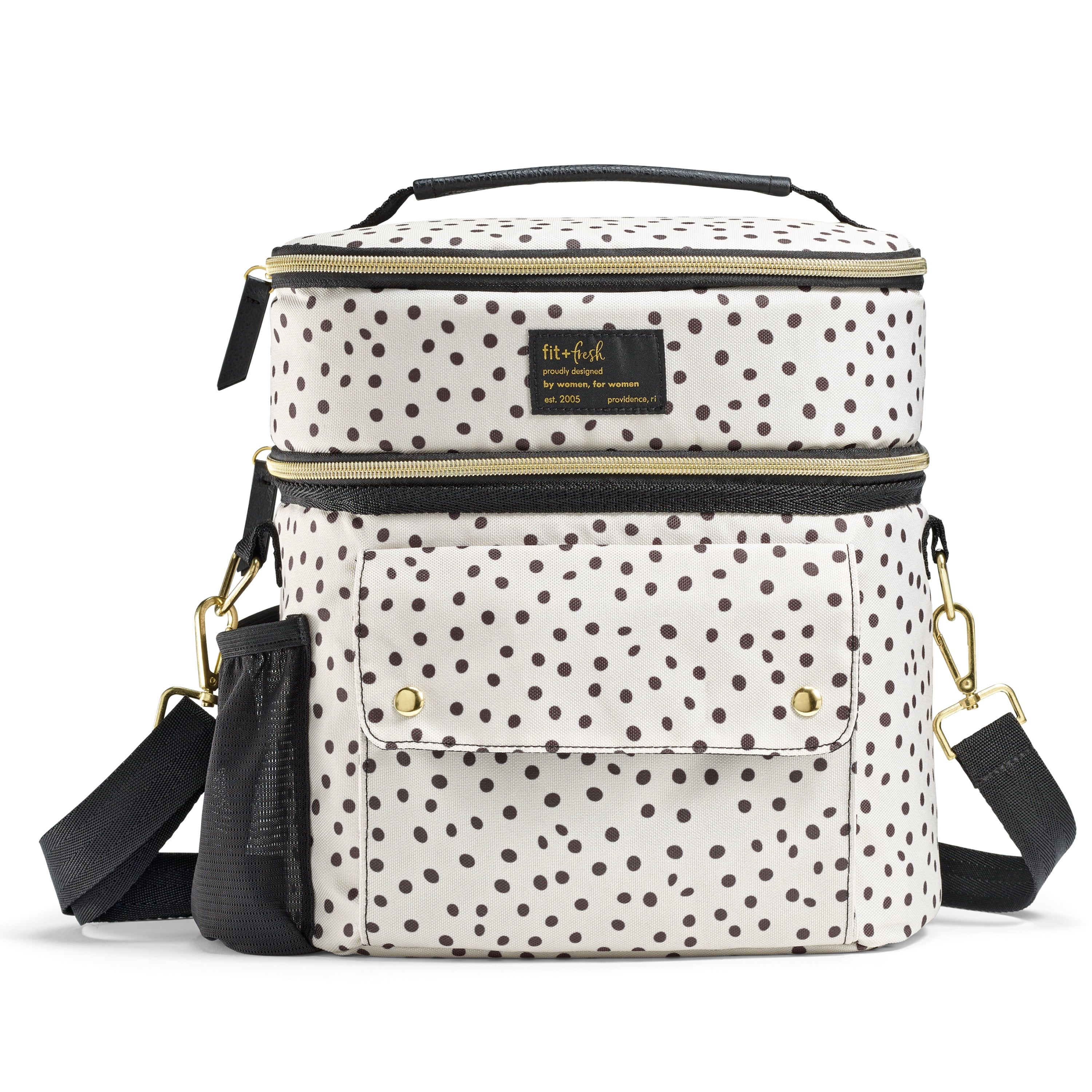 Fit + Fresh Dual Compartment Lunch Bag For Women, Insulated Lunch Box With Containers, B&W Dot