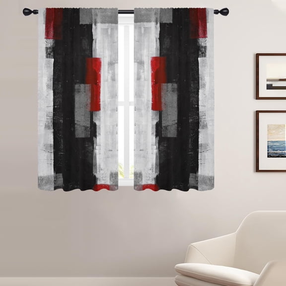 Abstract Window Curtains for Bedroom 42 x 63 Inch Rod Pocket Red and Black Grey Modern Dark Gray White Geometric Mens Boy Teen Art Aesthetic Living Room Treatment Set of 2 Curtain Panels Drapes