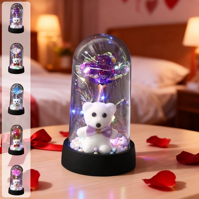 Luz nocturna conservada de Rose Bear para el Día de San Valentín | Cúpula de Cristal Decorativa Ambiental LED | Adorno romántico de escritorio | Flores de plástico moradas, blancas, azules, rojas