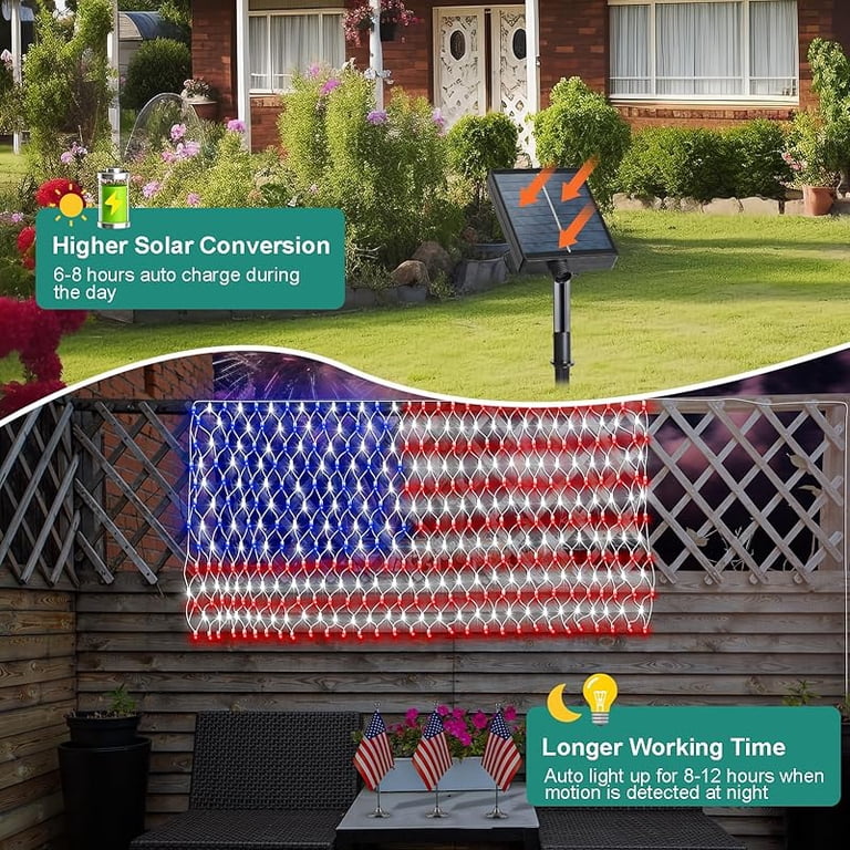 DBFAIRY Solar American Flag Net Lights - 6.5ft X 3.3ft, 420 LEDs, Waterproof For Patriotic Decor