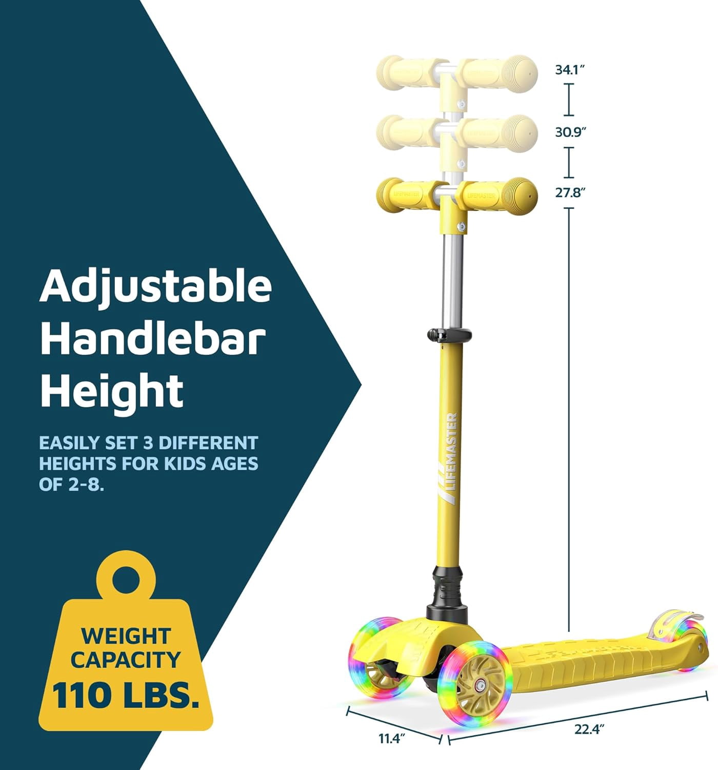 Lifemaster Mini 3-Wheel Kids Scooter with Multi-Color Wheel Lights – 4-Height Adjustable Handlebar, Wide Anti-Slip Deck, Child Safety Certified, Boys & Girls Ages 2+ Supports Up to 110 lbs