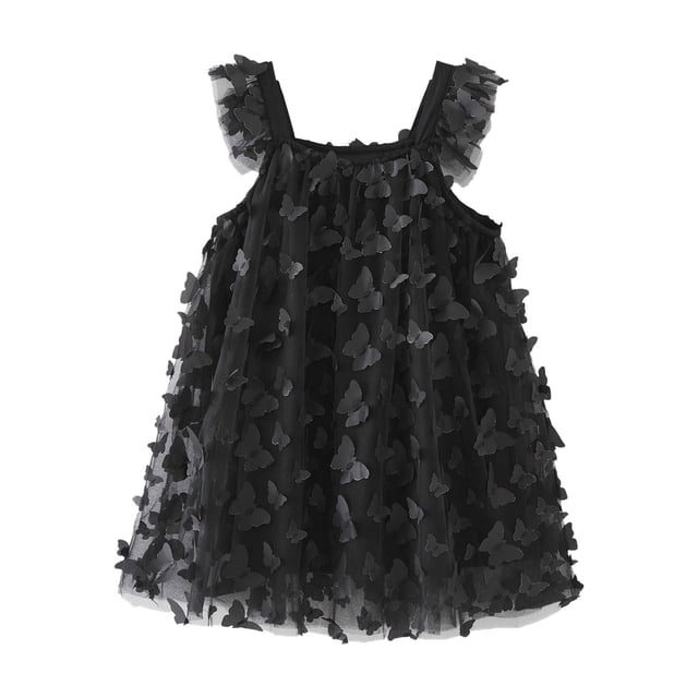 B91xZ Vêtements d'Été pour Fille Robe de Fête Évasée Extensible à Manches Flottantes, Noir 4-5 Ans