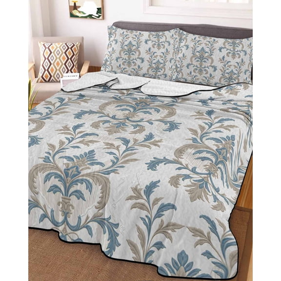 Blue Tan Flower Full Size Down Alternative Comforter, Lightweight Comforter Quilt Bedding Set with Pillow Shams Abstract Vintage Ethnic Tribal Boho All Seasons Bed Comforter Duvet Insert 78"x90"