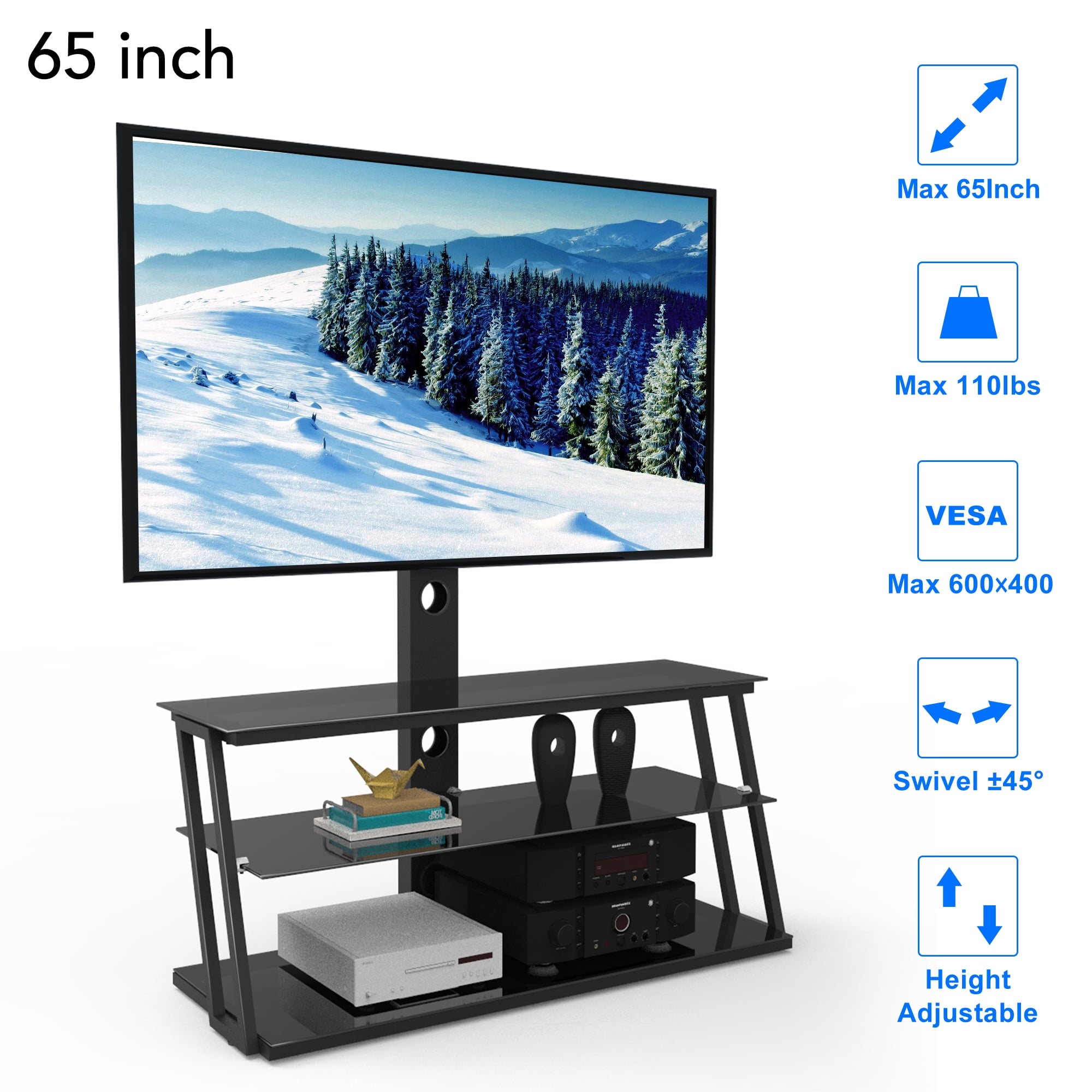 Floor TV Stand, Modern Adjustable TV Stand 3 Tiers, Max Screen 65
