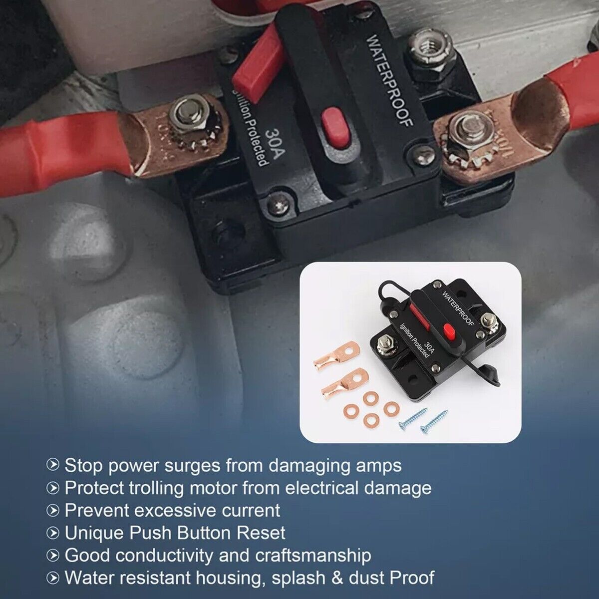 30 Amp Circuit Breaker 12V Marine Circuit Breaker 30A Resettable Fuse Circuit Breaker DC 12 Volt Waterproof for Automotive Car RV Boat