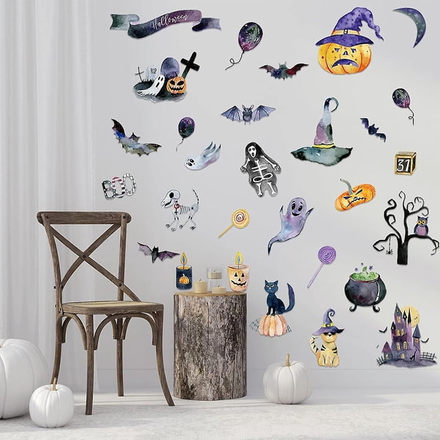 Decoración de fiesta de Halloween con ventana de sala de estar con esqueleto espeluznante de calabazas, decoración de pared gótica de vinilo
