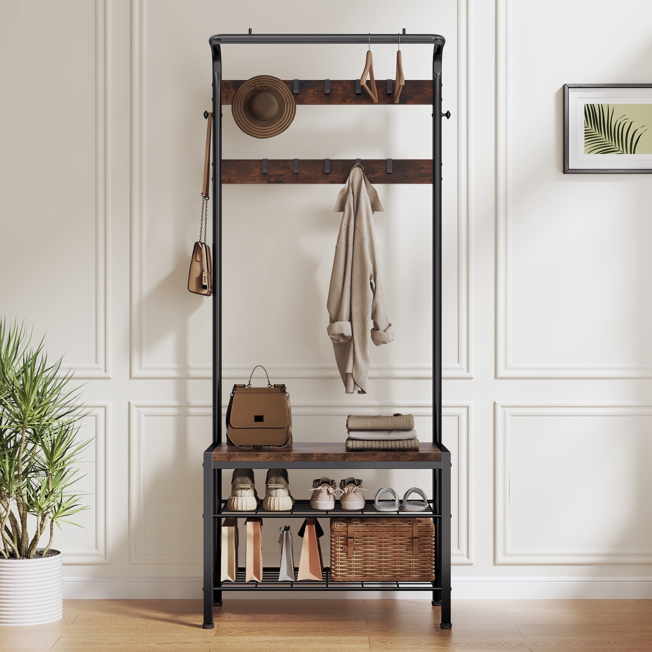 edx 4-in-1 Coat Rack with Shoe Bench and Hall Tree, entryway bench with 10 Removable Coat Hooks, Sturdy Steel & Wood Entryway Organizer, Anti-Tip Design, Rustic